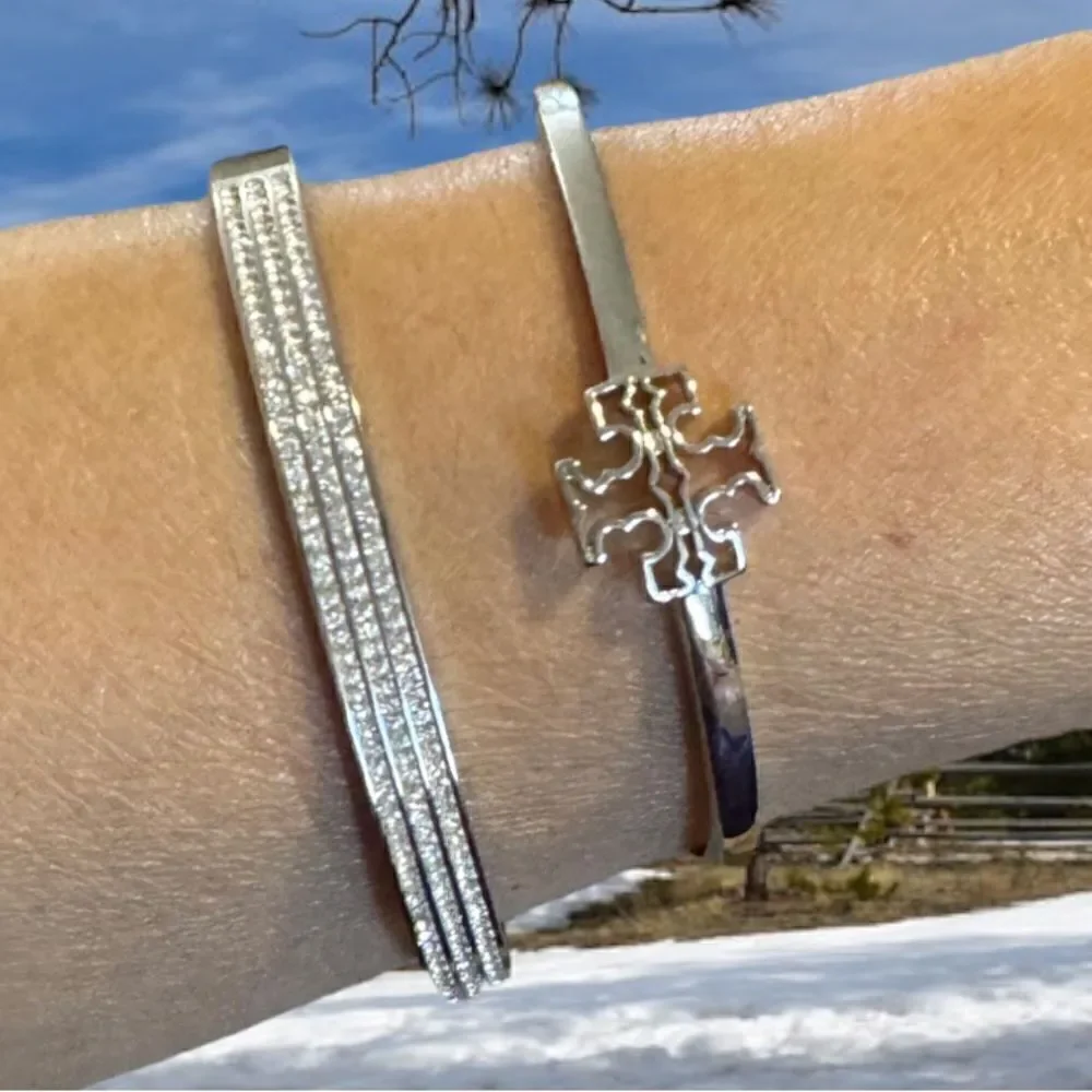 TORY BURCH LOGO DOUBLE T OPEN CUFF SILVER BRACELET